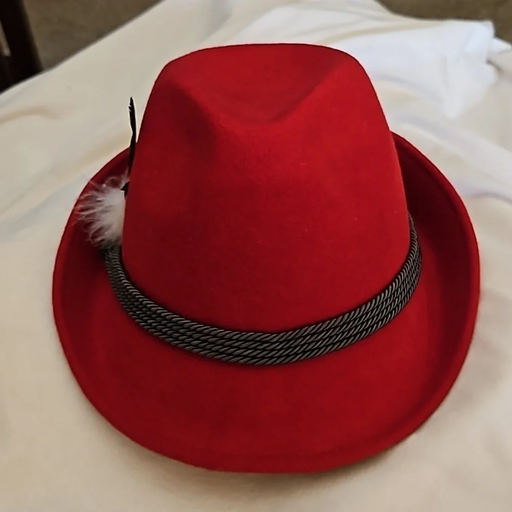 Vtg Traditional Austrian Alpine Tomato Red Tyrolean Felt Fedora Festival Hat - Picture 2 of 8